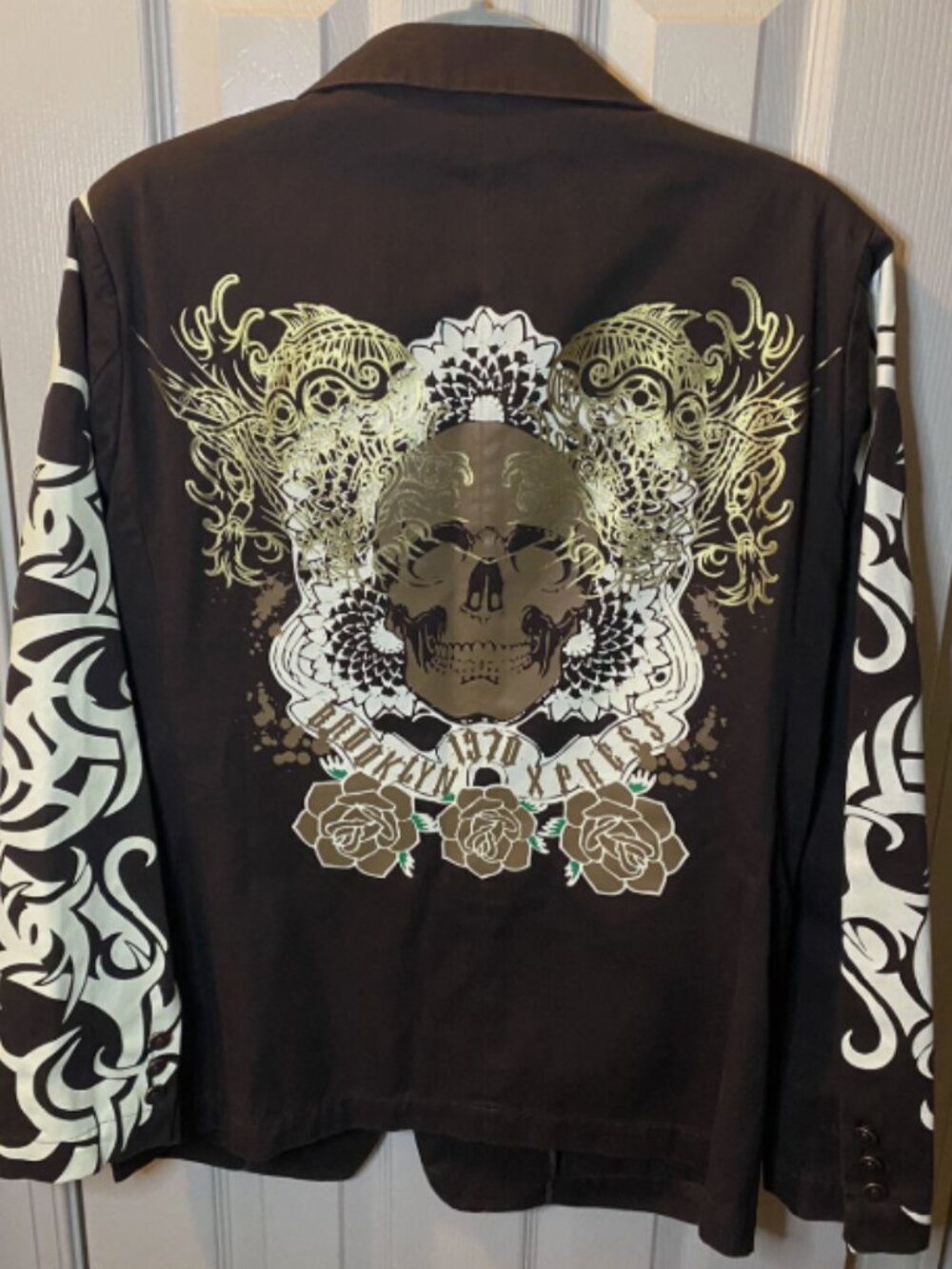 Brooklyn Express Punk Gothic Skull Rose Blazer Brown Men’s Large